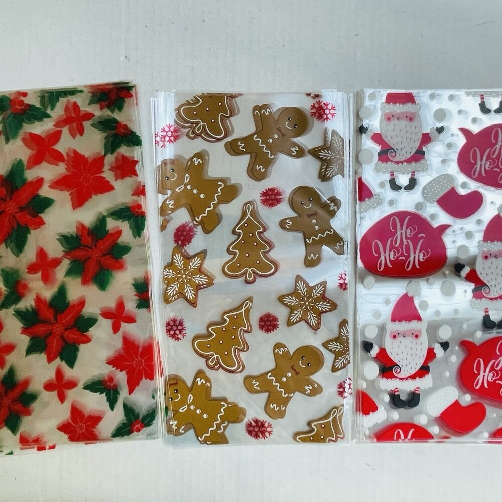 50 Christmas Treat Party Bags Large Ties Santa Reindeer‎ Gingerbread Poinsetta